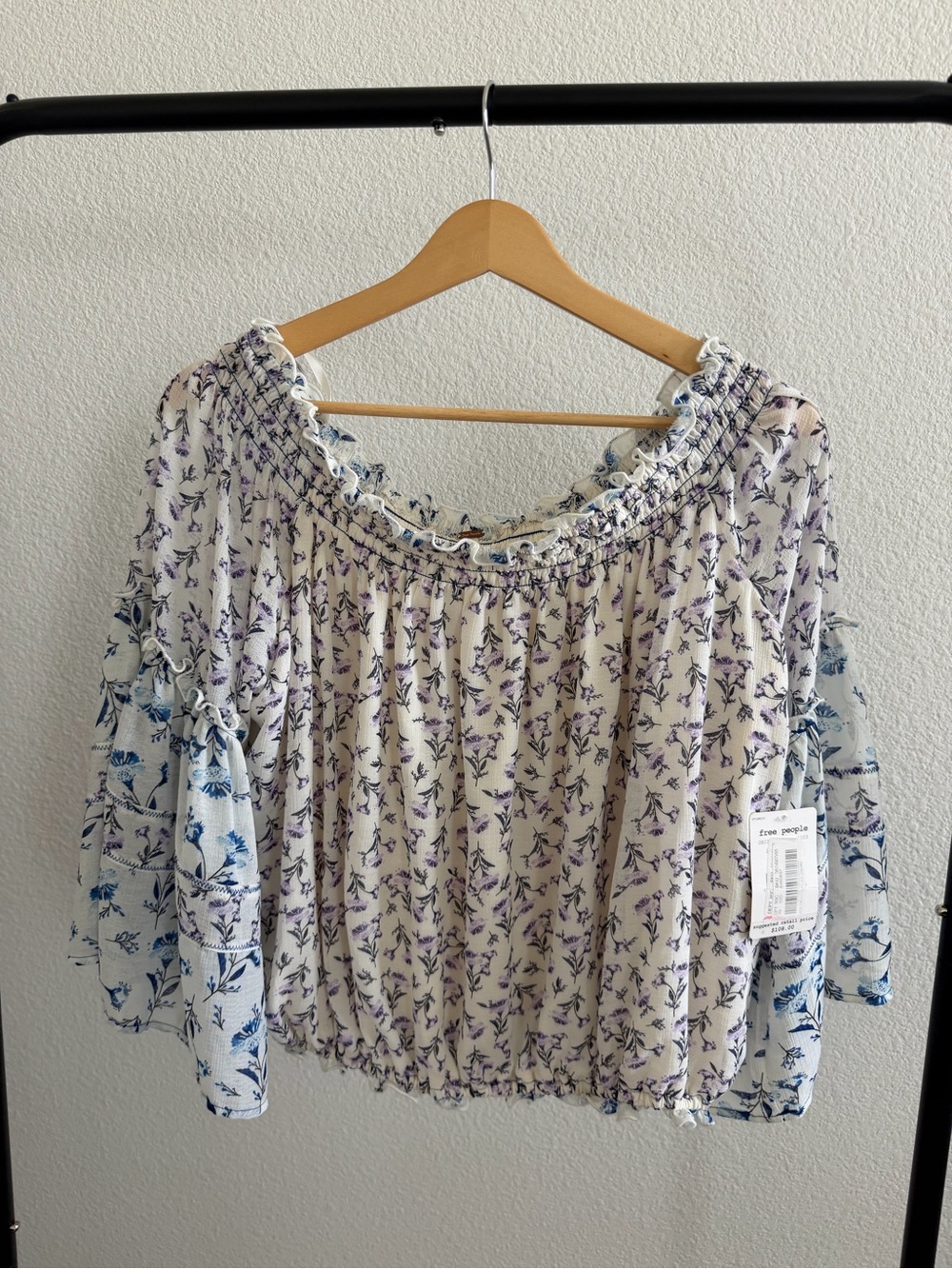 Free People Floral Smocked Neck Blouse XS NWT Boho Balloon Sleeve $108